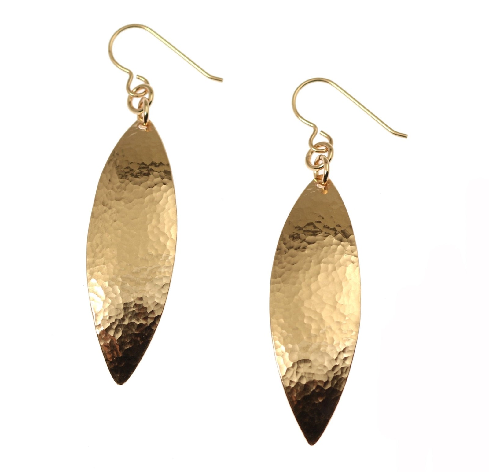 A Pair of Hammered Bronze Leaf Earrings on a White Background