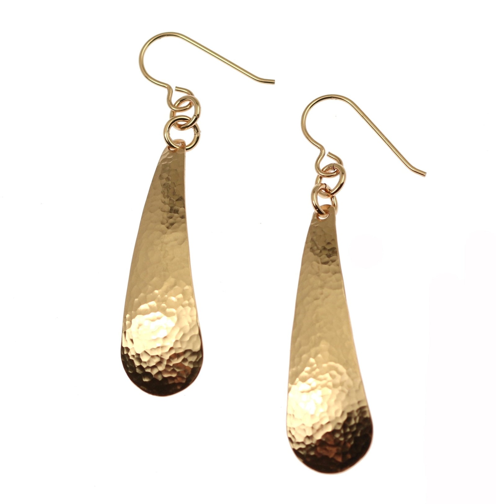 A Pair of Hammered Bronze Long Teardrop Earrings on a White Background