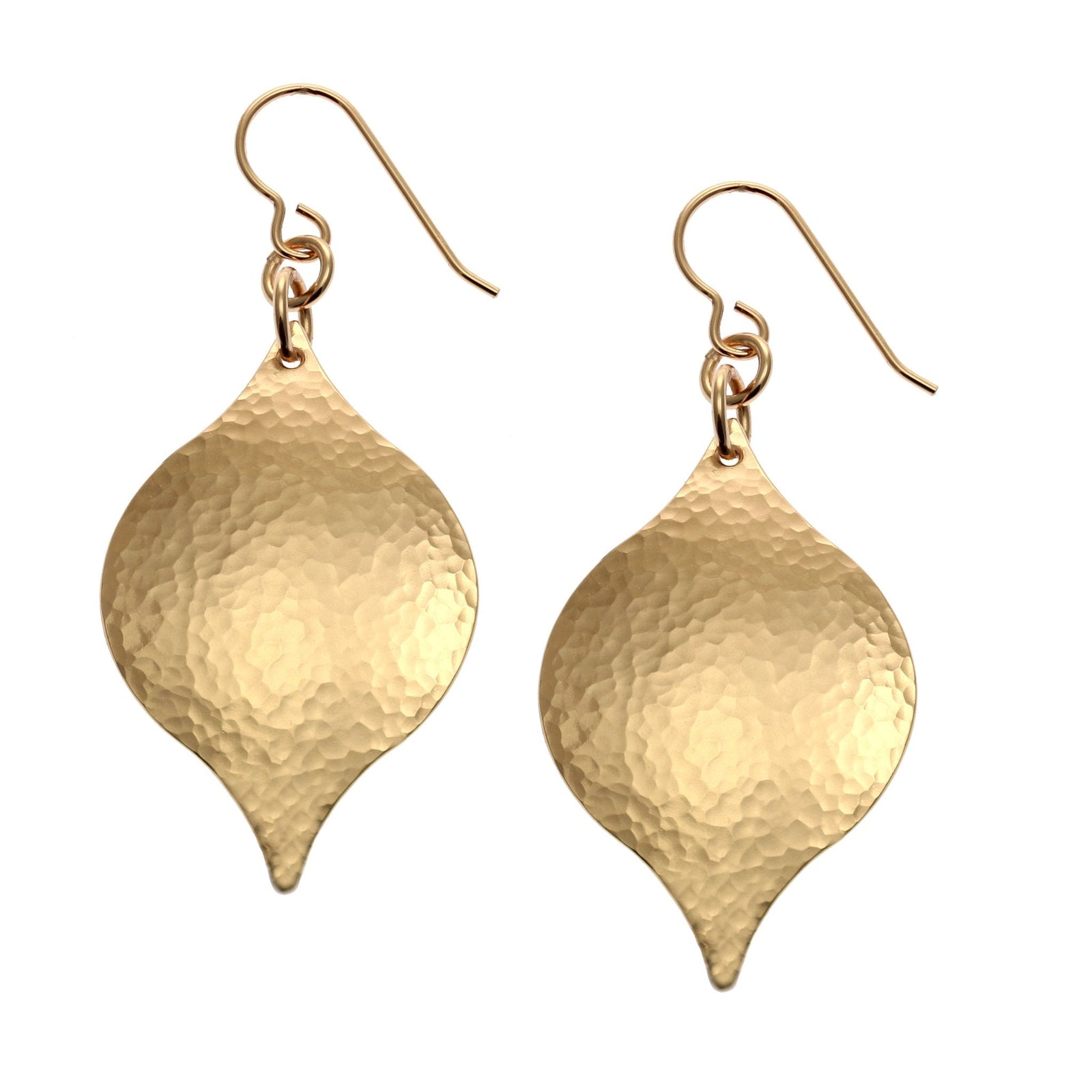 A Pair of Hammered Bronze Marrakesh Drop Earrings on a White Background