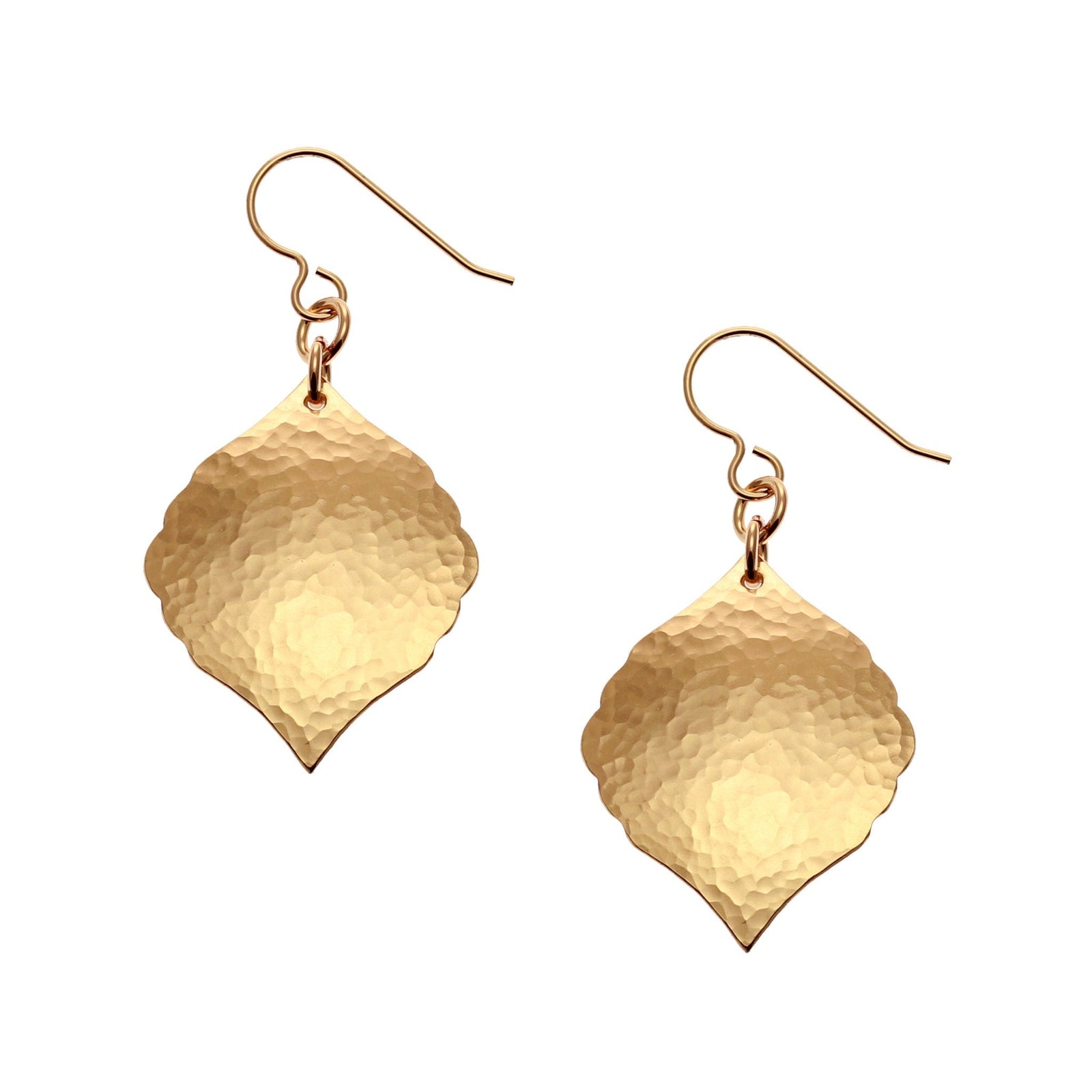 A Pair of Hammered Bronze Moroccan Drop Earrings on a White Background