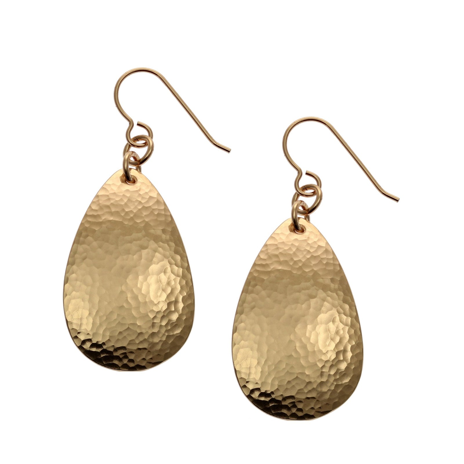 A Pair of Hammered Bronze Teardrop Earrings on a White Background