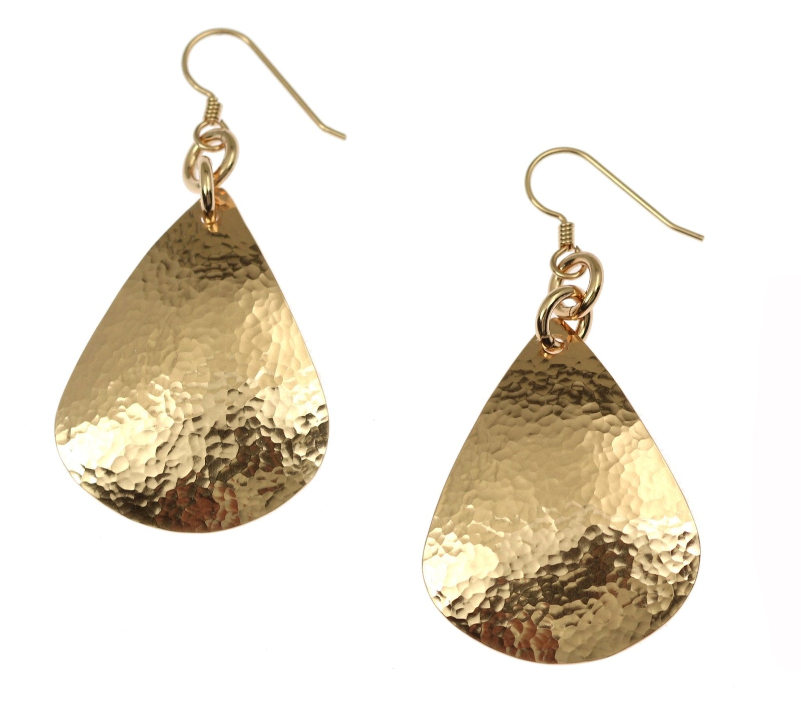 A Pair of Hammered Bronze Teardrop Earrings on a White Background