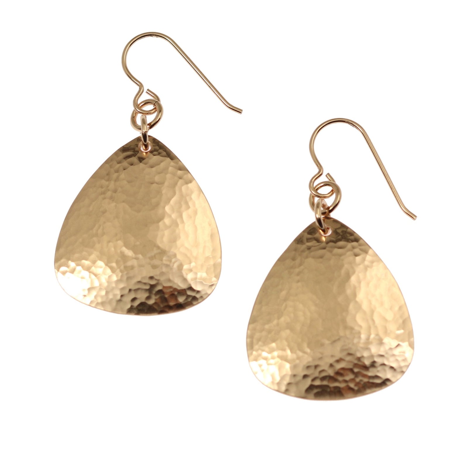 A Pair of Hammered Bronze Triangular Earrings on a White Background