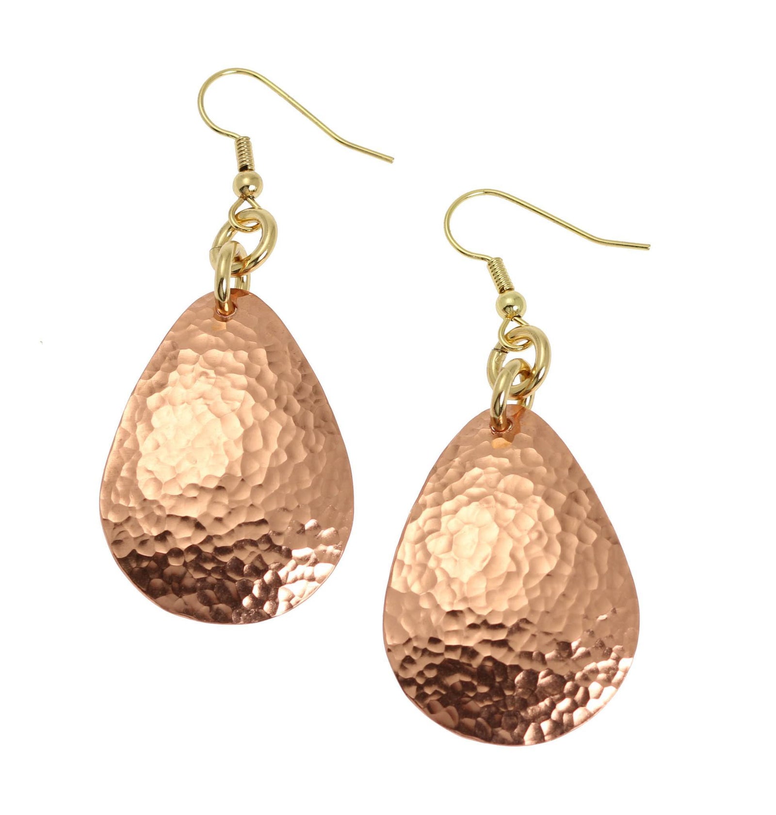 A Pair of Hammered Copper Drop Earrings on a White Background