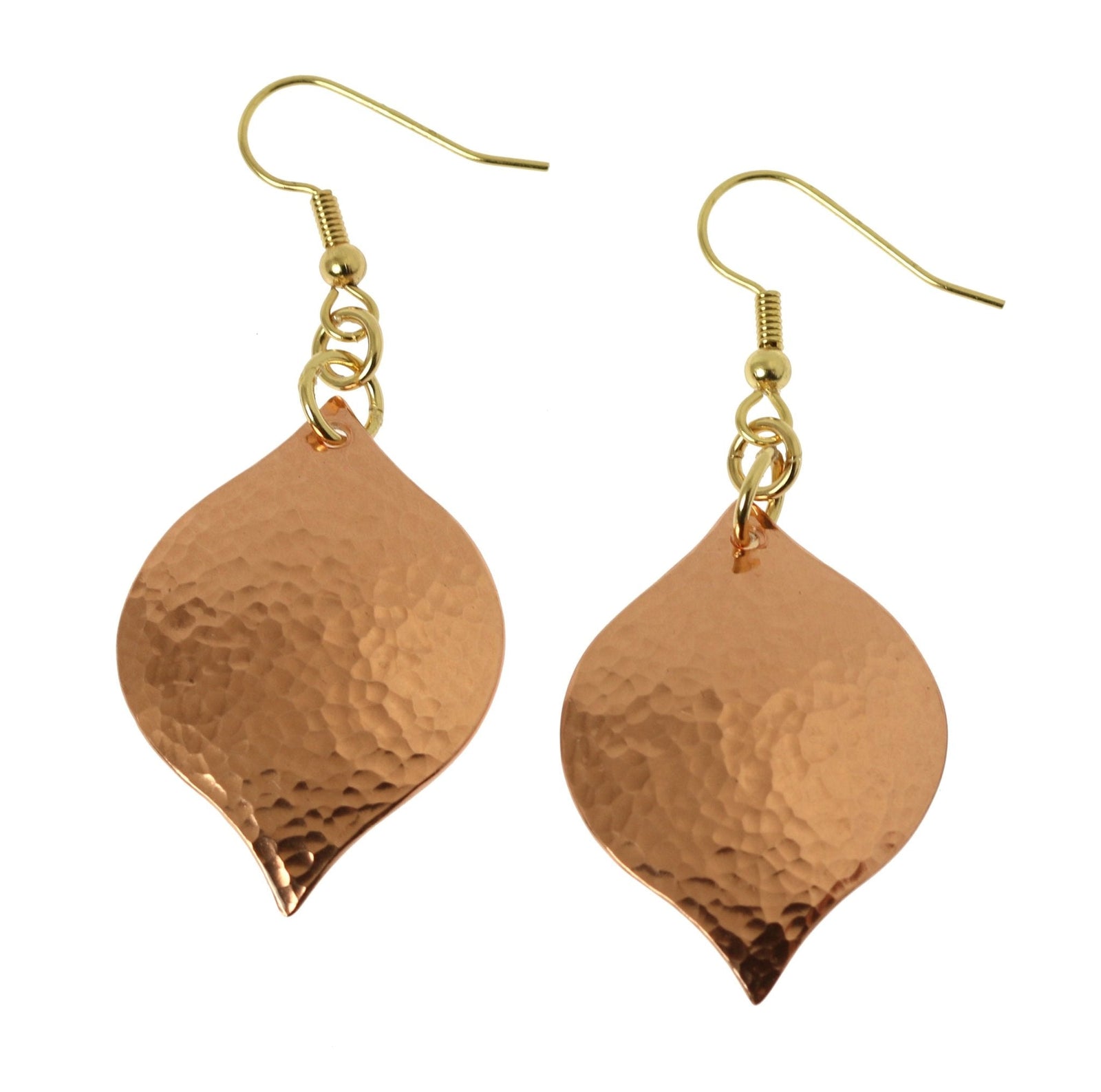 A Pair of Hammered Copper Marrakesh Drop Earrings on a White Background