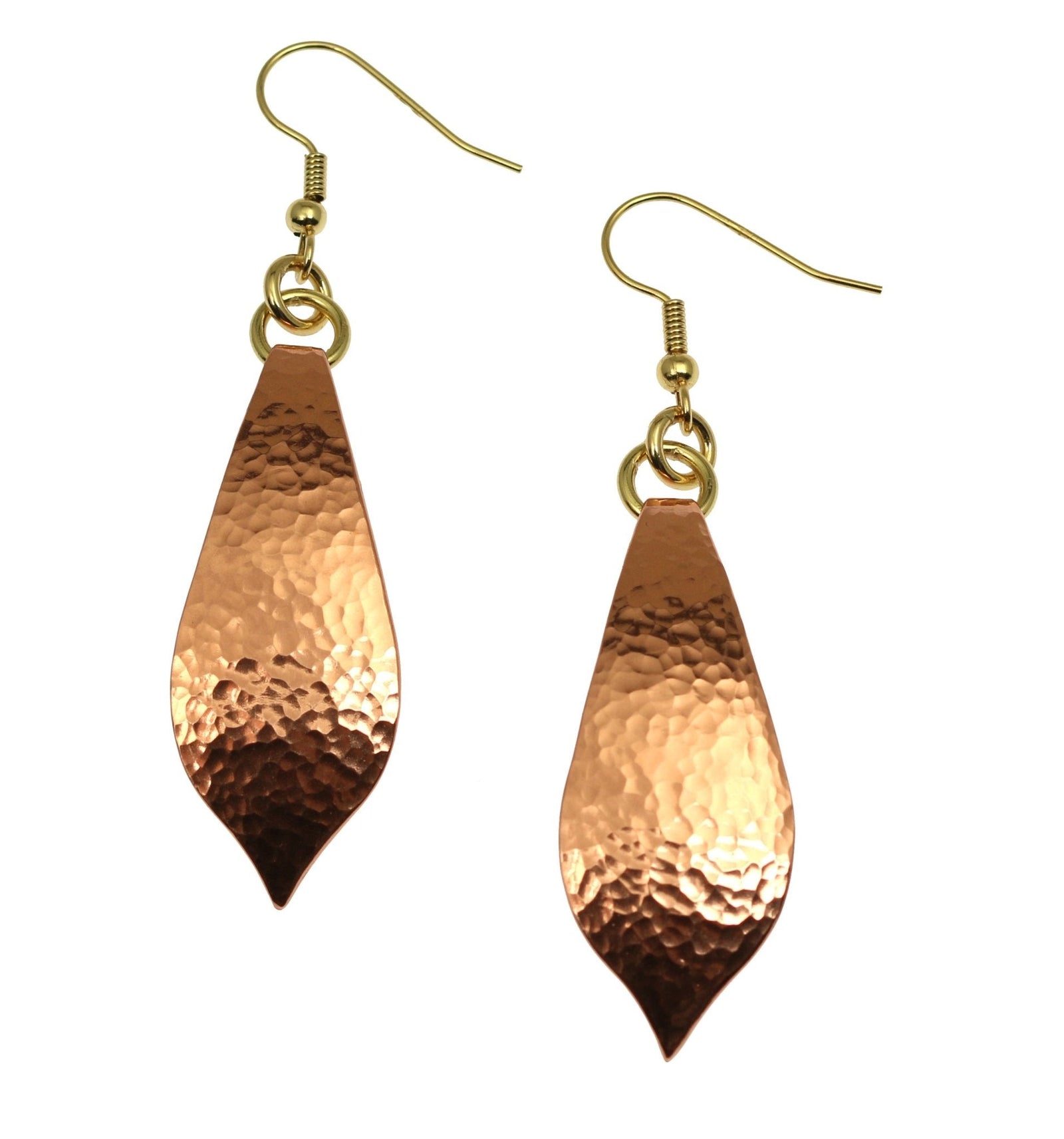 A Pair of Hammered Copper Marrakesh Teardrop Earrings on a White Background