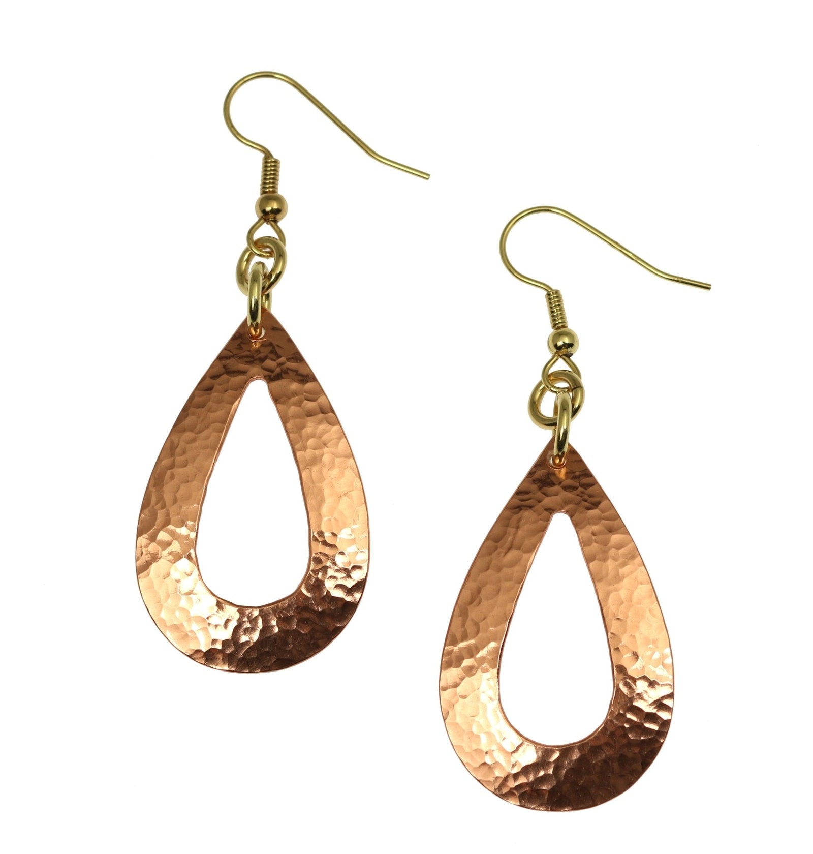 A Pair of Hammered Copper Open Teardrop Earrings on a White Background