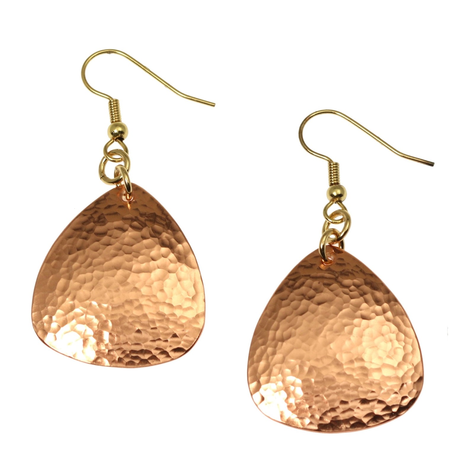 A Pair of Hammered Copper Triangular Drop Earrings on a White Background