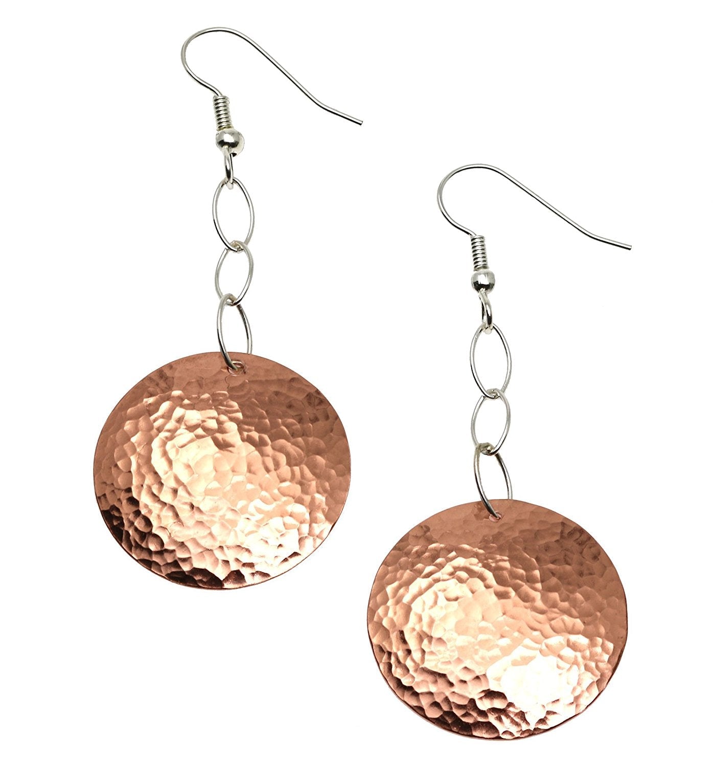 A Pair of Hammered Disc Copper Dangle Earrings on a White Background