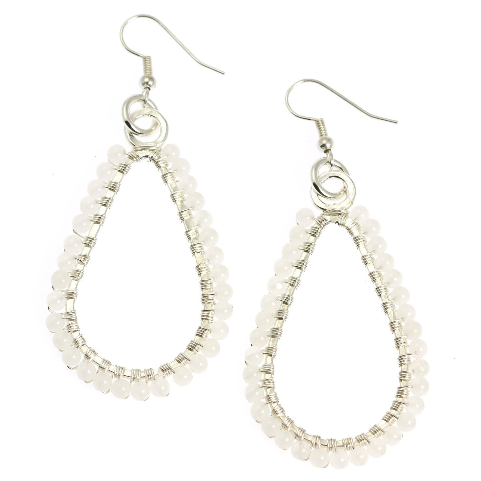 A Pair of Hammered Silver Drop Earrings with Snow Quartz on a White Background
