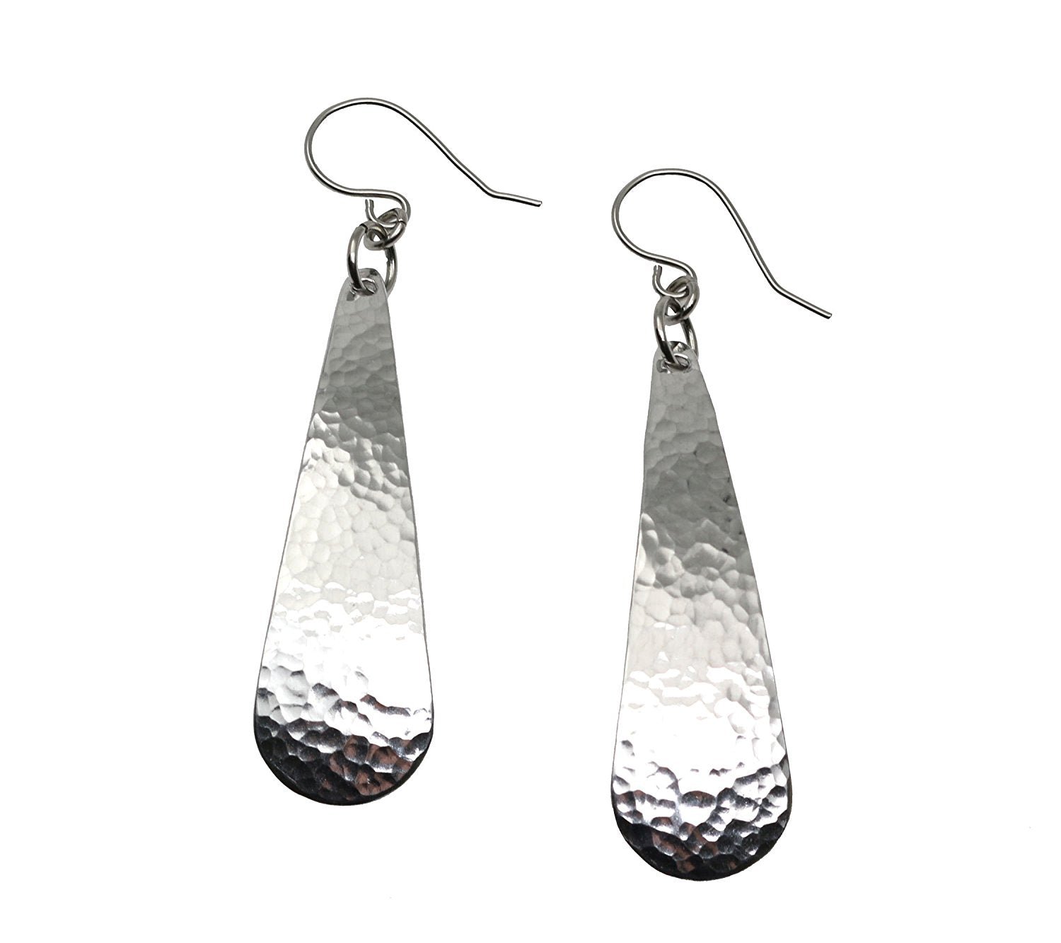A Pair of Hammered Long Aluminum Teardrop Earrings on a White Background