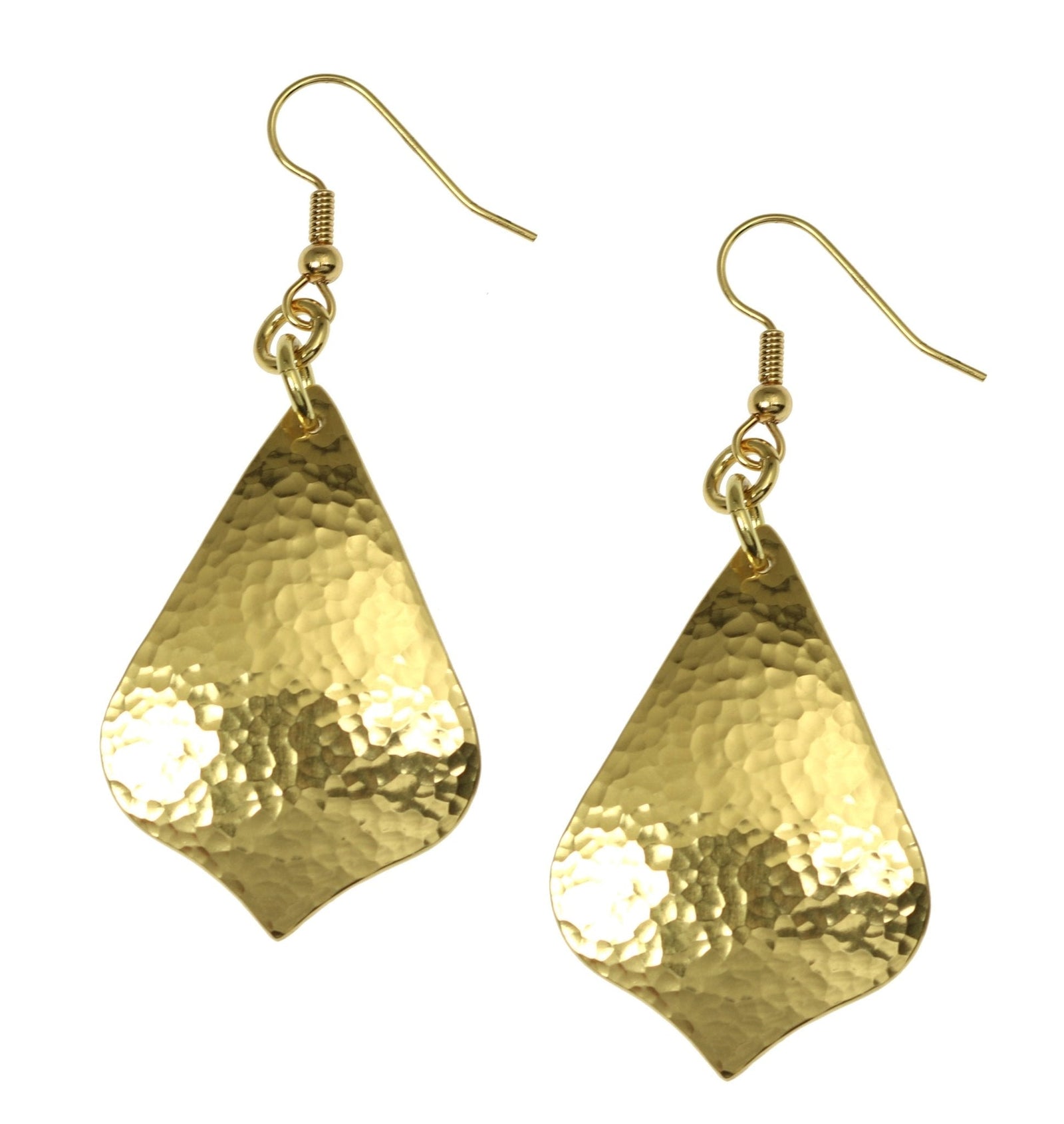 A Pair of Hammered Nu Gold Arabesque Drop Earrings on a White Background