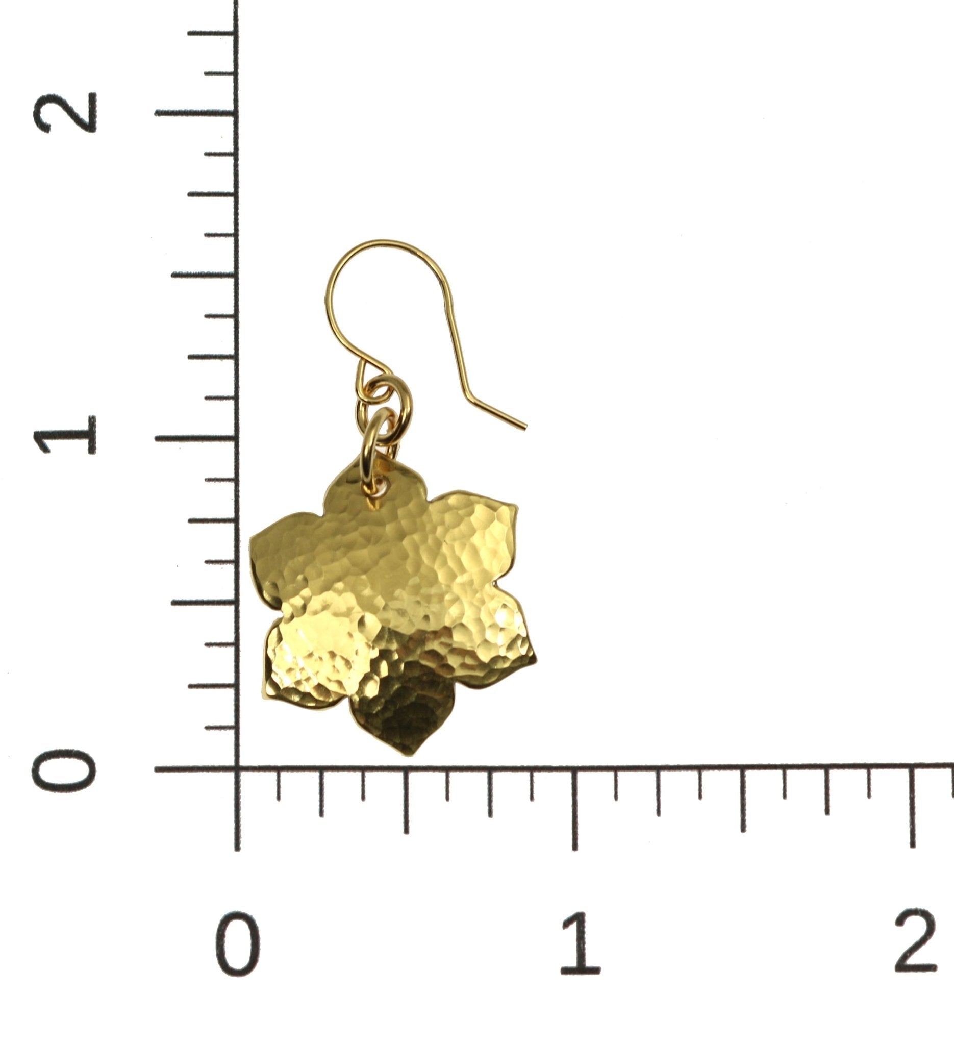 4 of 6: Scale of Hammered Nu Gold Arabesque Flower Earrings on Ruler for Size Dimensions