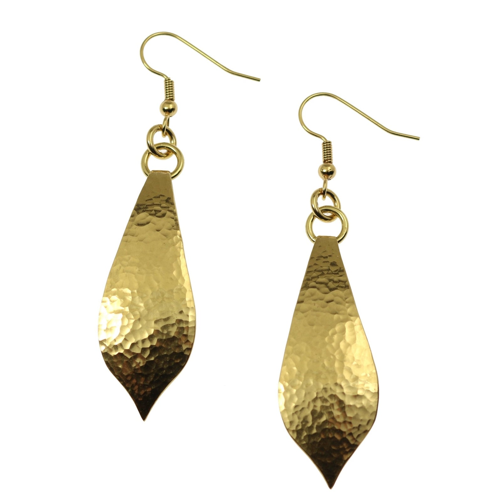 A Pair of Hammered Nu Gold Marrakesh Teardrop Earrings on a White Background