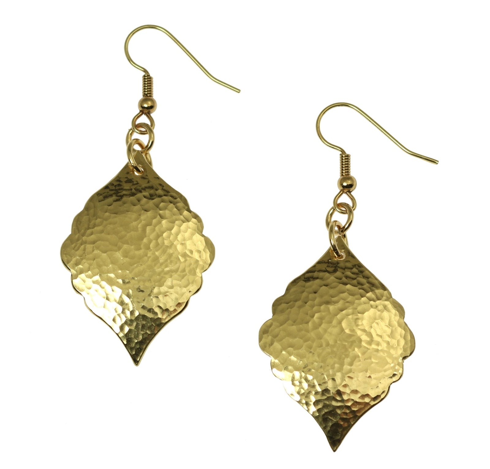 A Pair of Hammered Nu Gold Moroccan Drop Earrings on a White Background