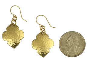 2 of 6: Size of Hammered Nu Gold Quatrefoil Dangle Earrings compared to a US Quarter Coin