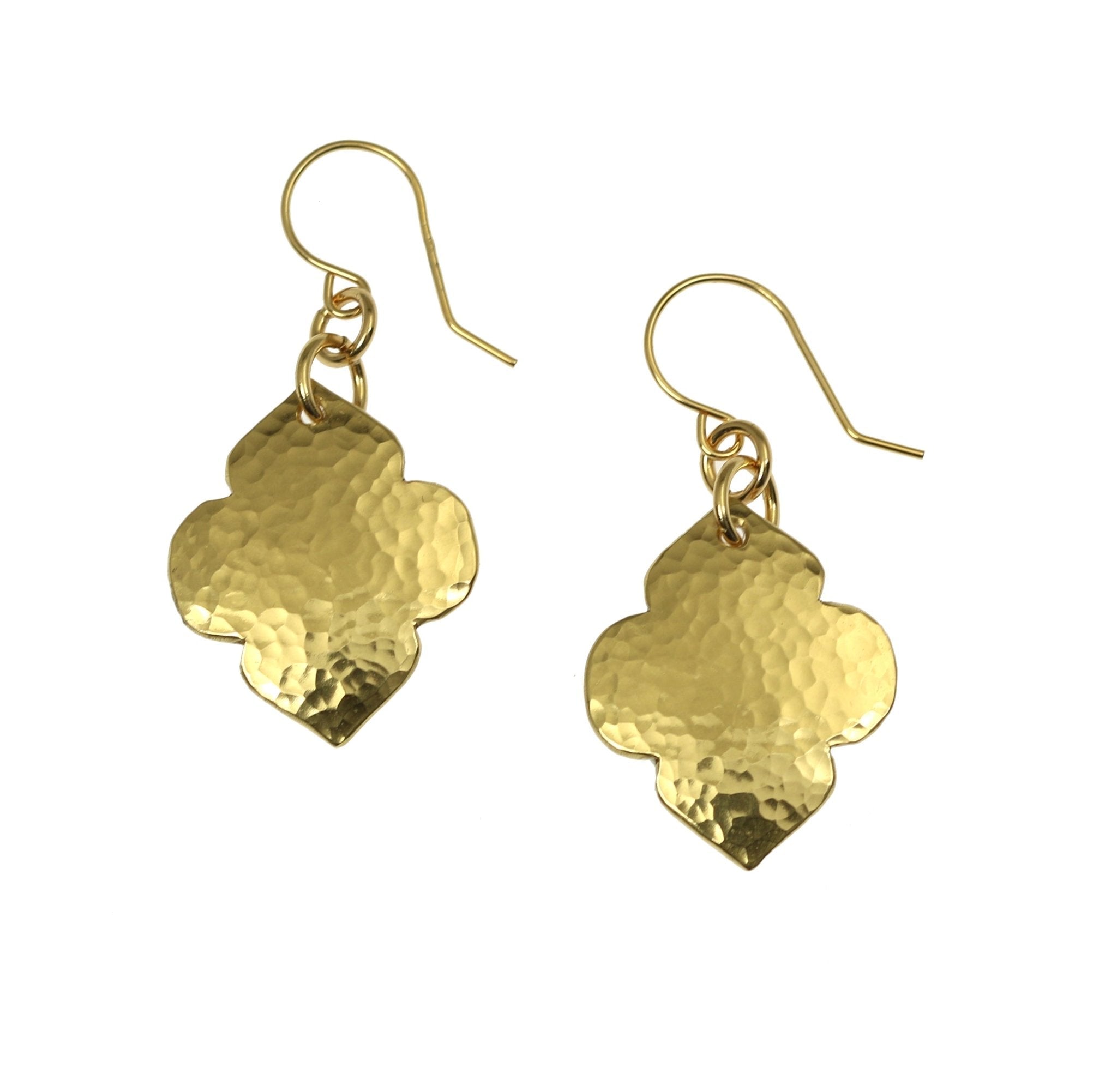 1 of 6: A Pair of Hammered Nu Gold Quatrefoil Dangle Earrings on a White Background