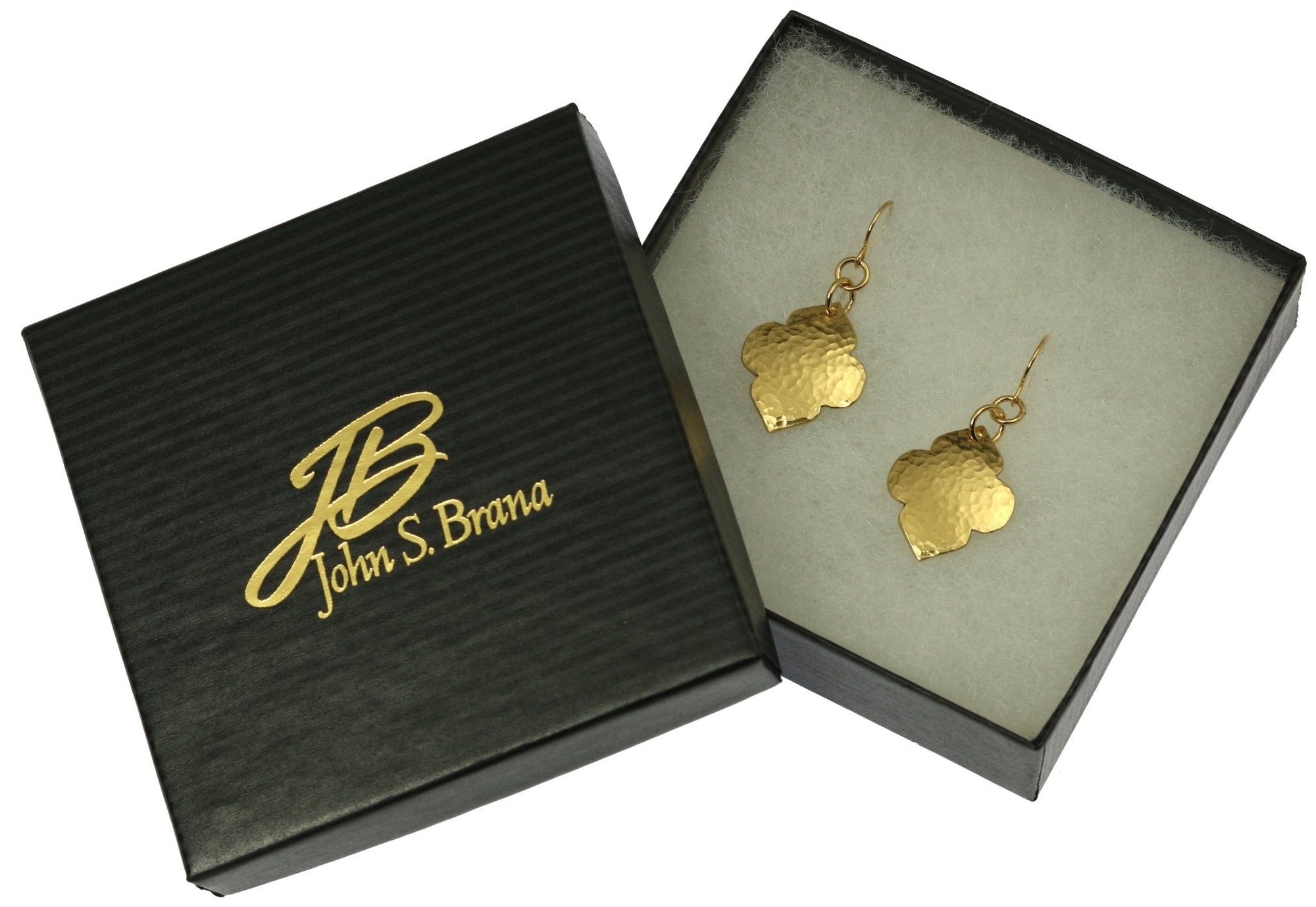 Hammered Nu Gold Quatrefoil Dangle Earrings in Gift Box
