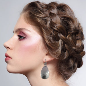 2 of 5: Female Model Wearing Hammered Stainless Steel Drop Earrings