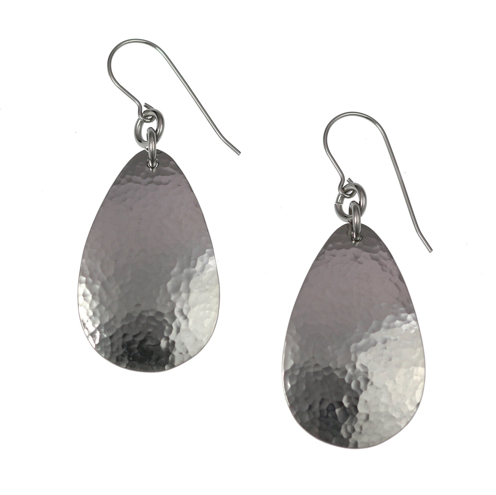 A Pair of Hammered Stainless Steel Drop Earrings on a White Background