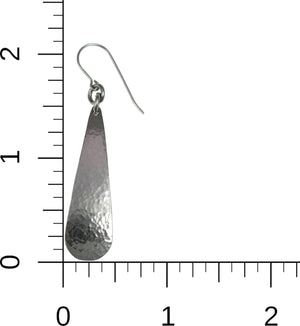 4 of 5: Scale of Hammered Stainless Steel Long Teardrop Earrings on Ruler for Size Dimensions
