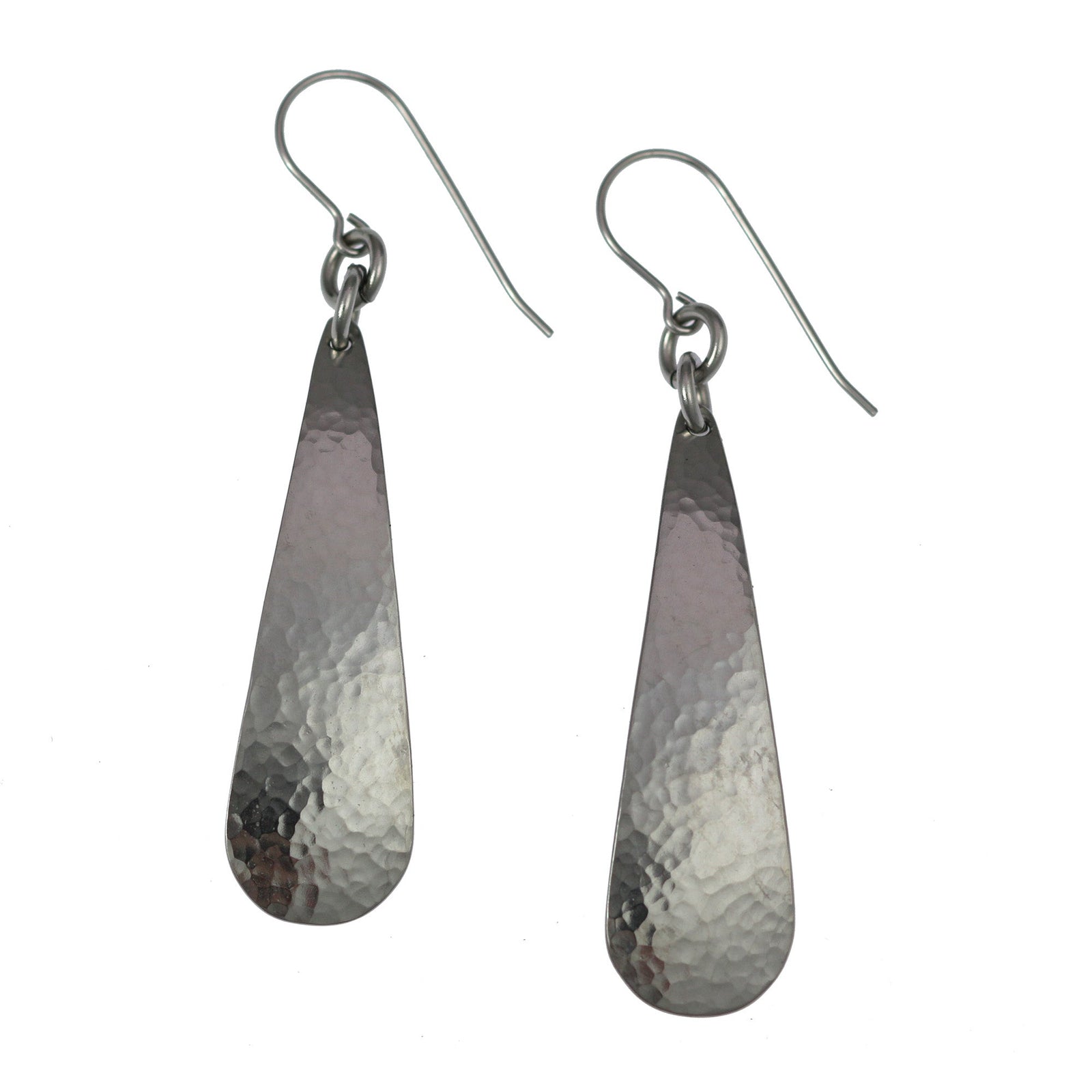 A Pair of Hammered Stainless Steel Long Teardrop Earrings on a White Background