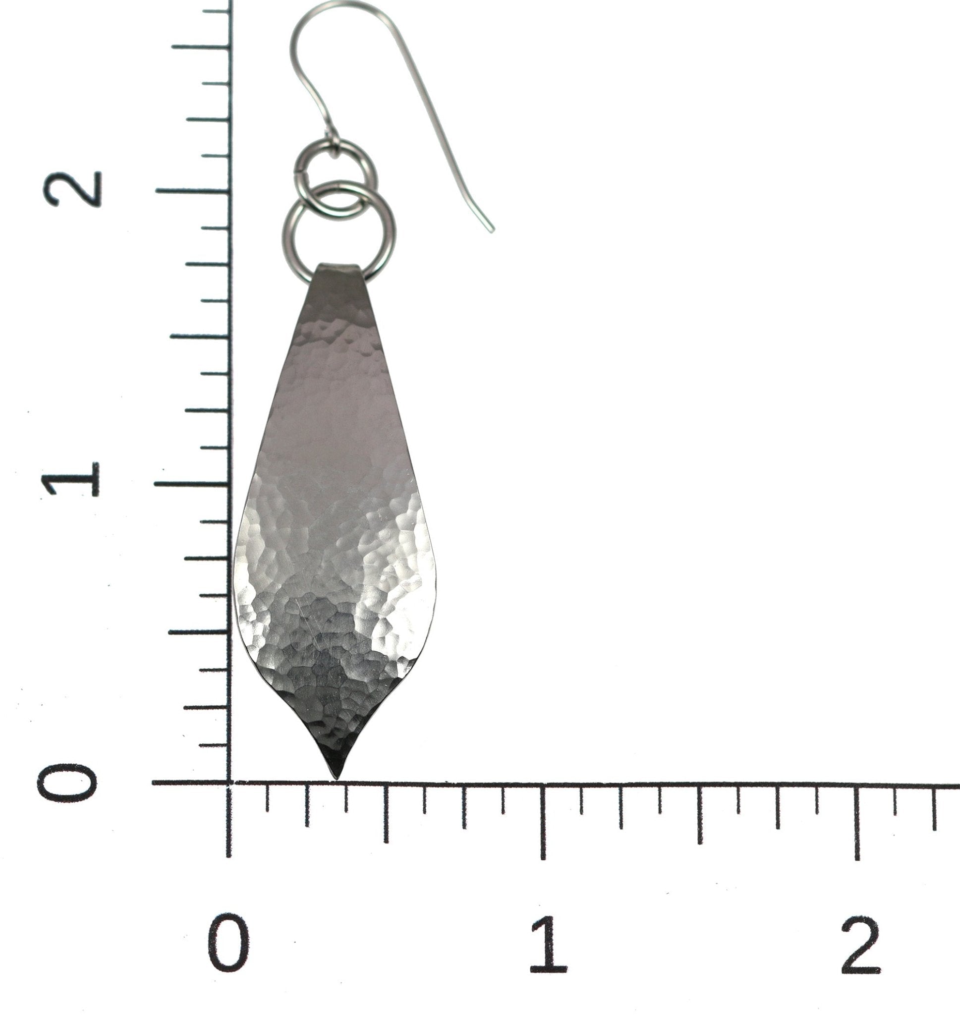 4 of 5: Scale of Hammered Stainless Steel Marrakesh Drop Earrings on Ruler for Size Dimensions