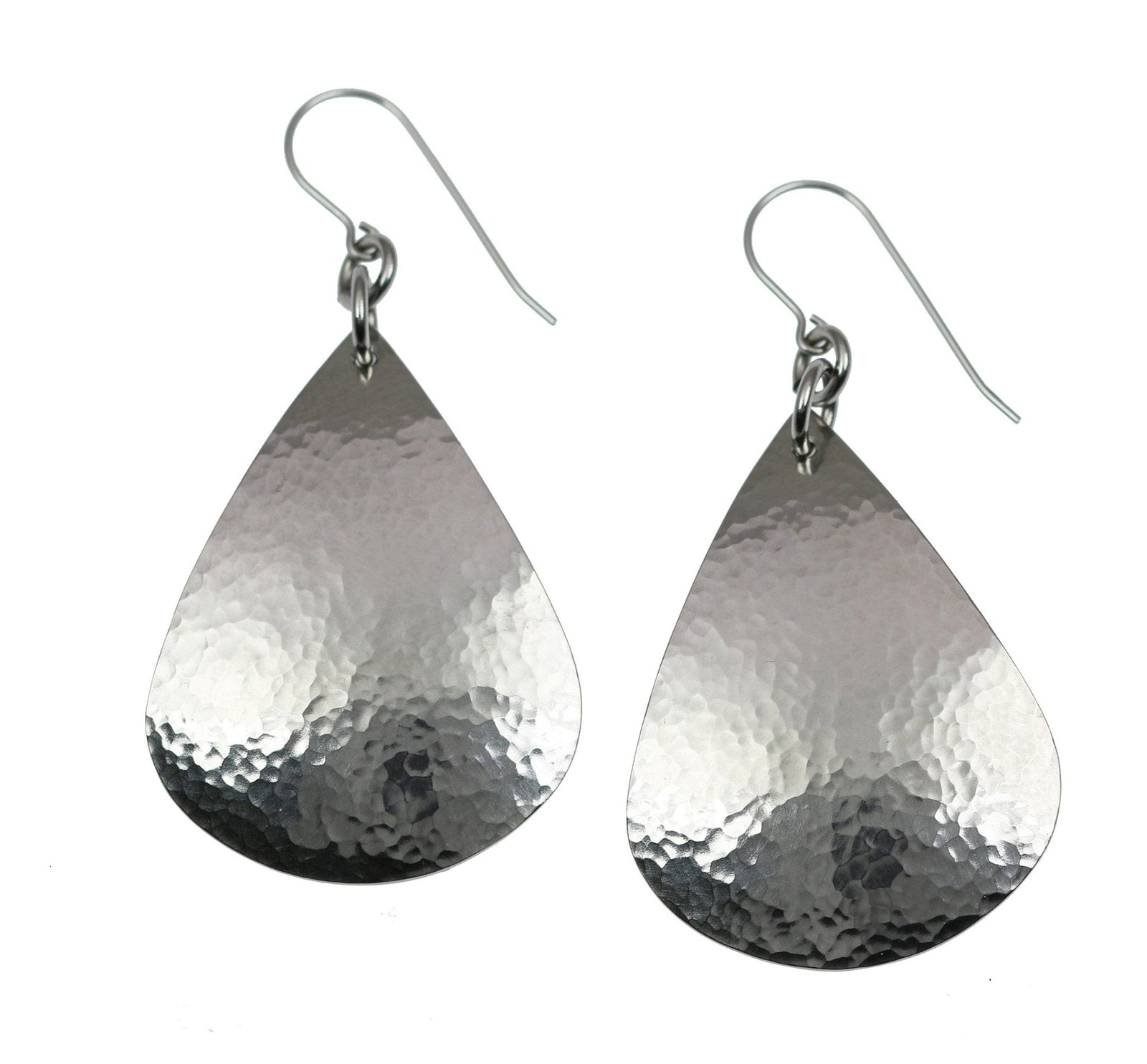 A Pair of Hammered Stainless Steel Teardrop Earrings on a White Background