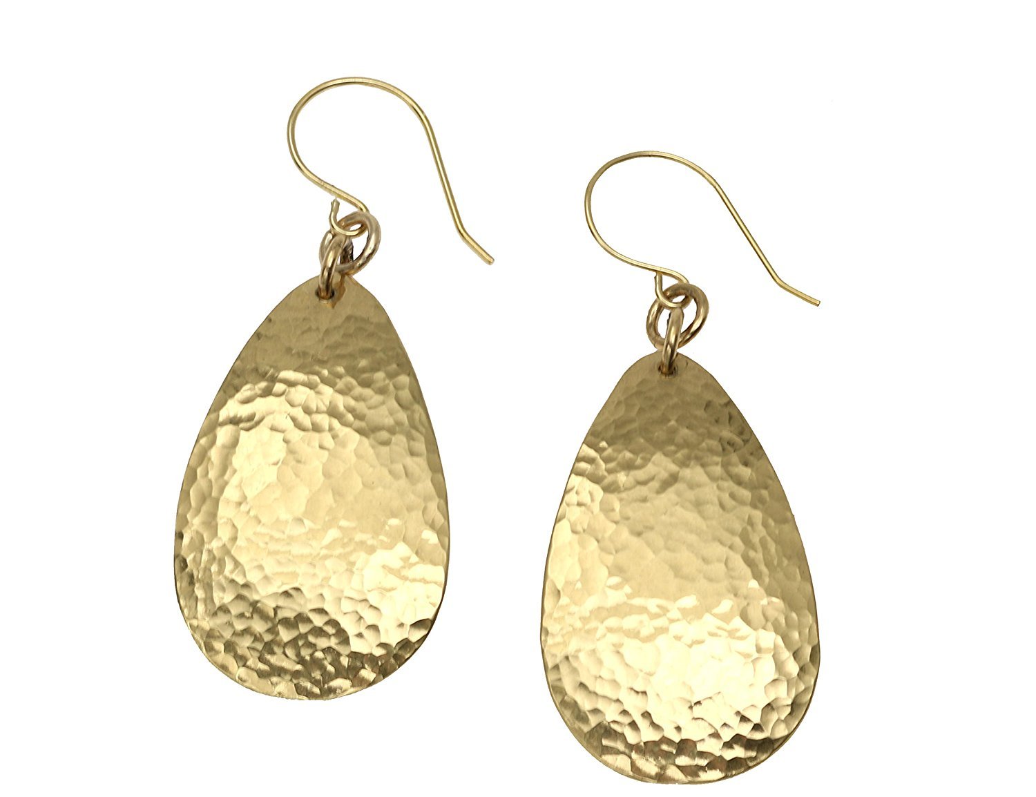 A Pair of Hammered Teardrop Nu Gold Brass Earrings on a White Background