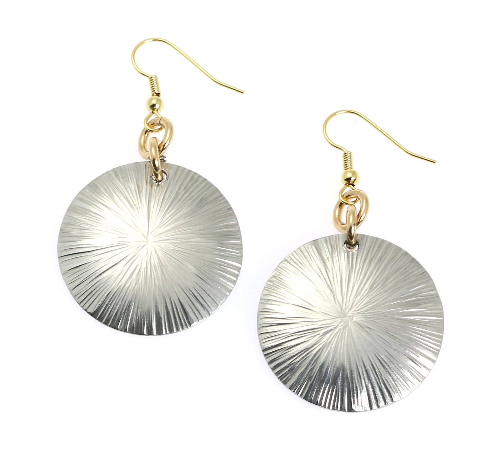 A Pair of Large Aluminum Sand Dollar Disc Earrings on a White Background