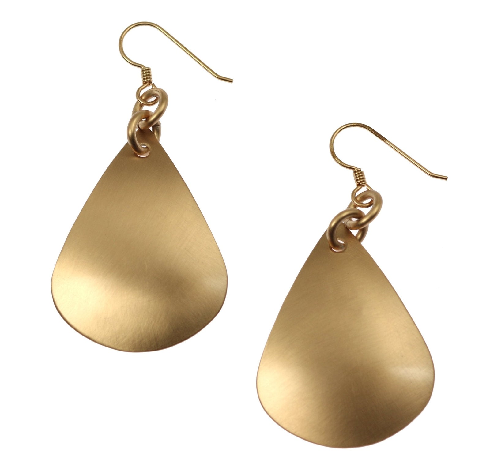 A Pair of Large Brushed Bronze Teardrop Earrings on a White Background