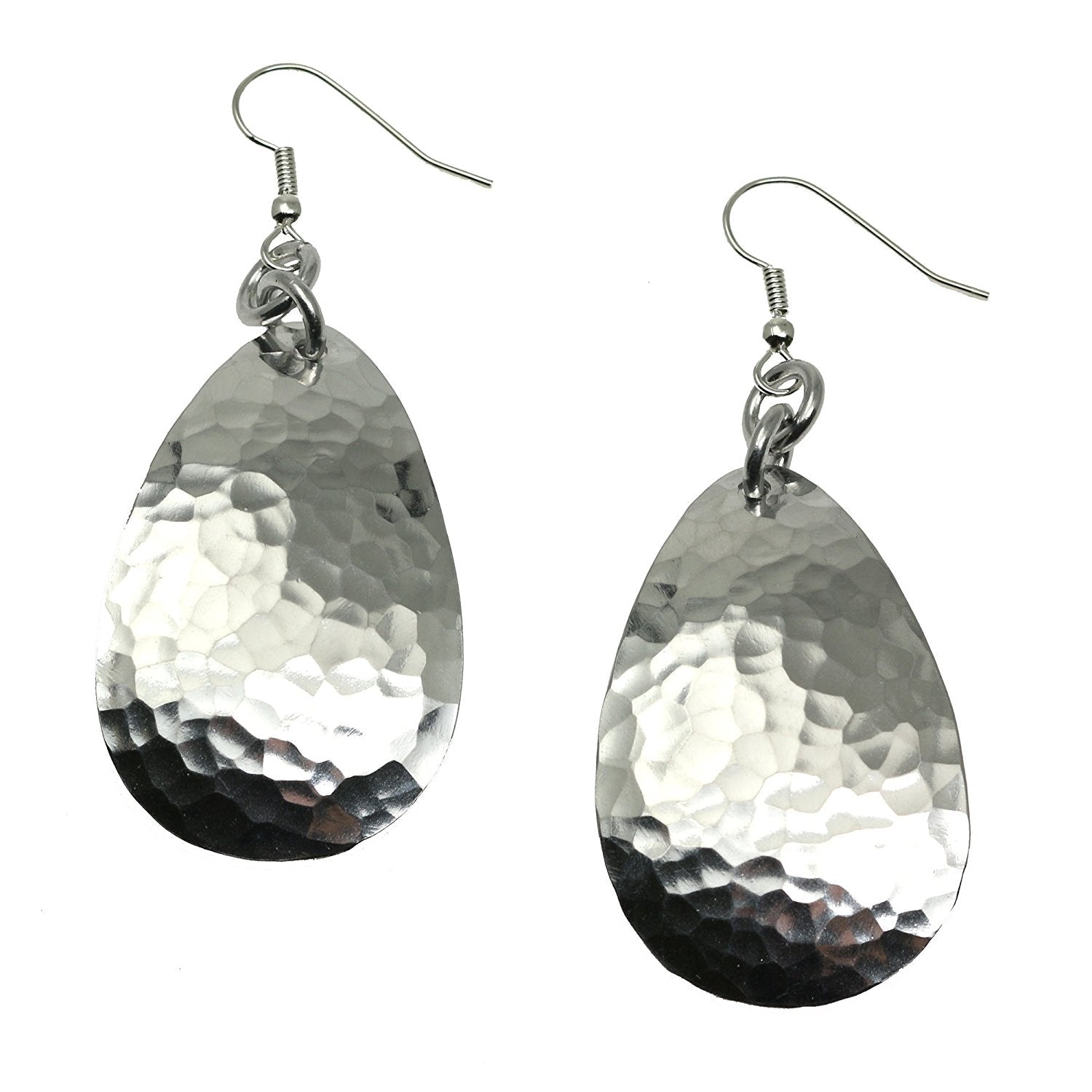 A Pair of Large Hammered Aluminum Teardrop Earrings on a White Background