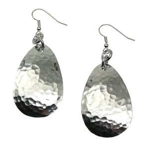 1 of 3: A Pair of Large Hammered Aluminum Teardrop Earrings on a White Background