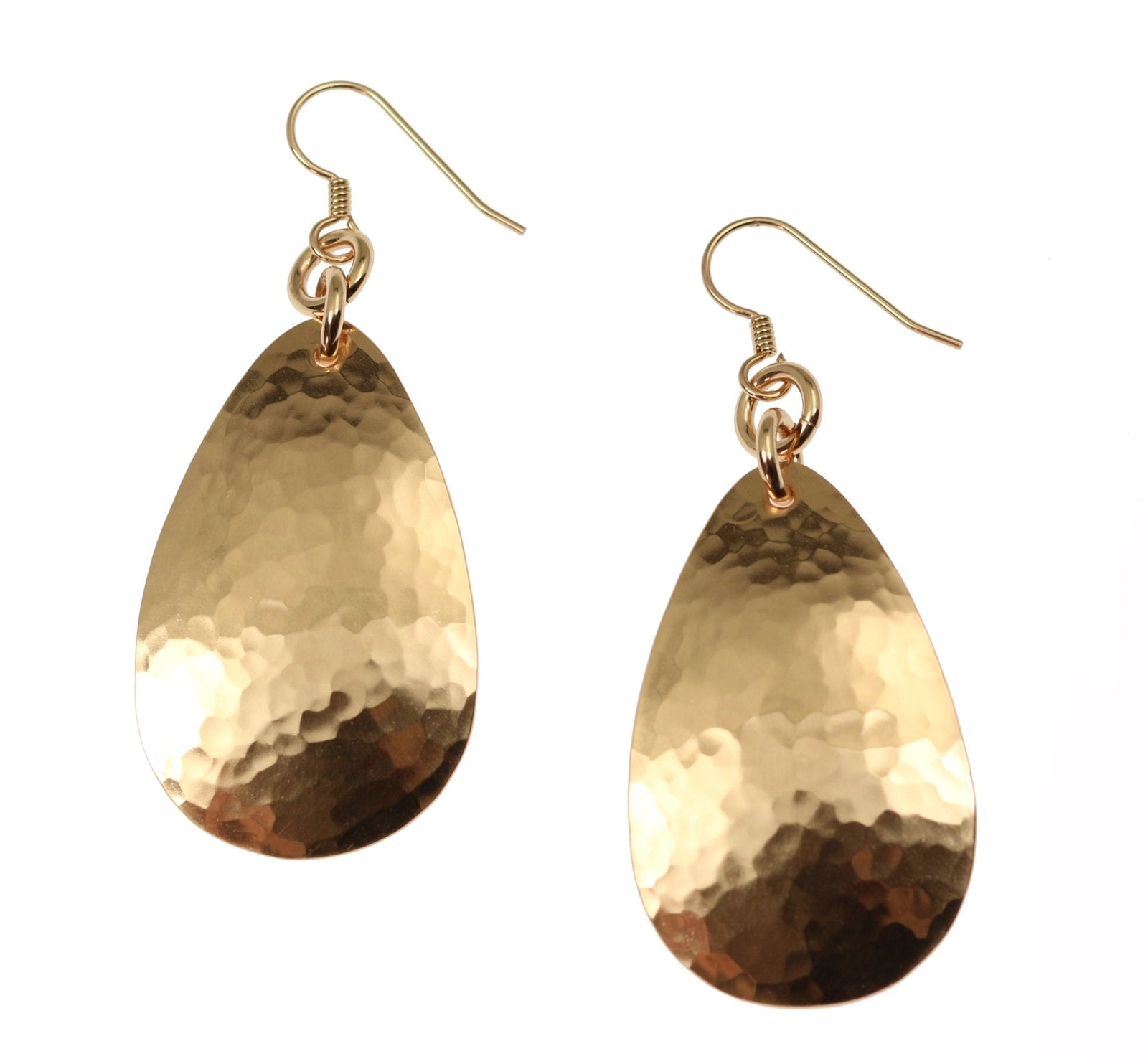 A Pair of Large Hammered Bronze Teardrop Earrings on a White Background