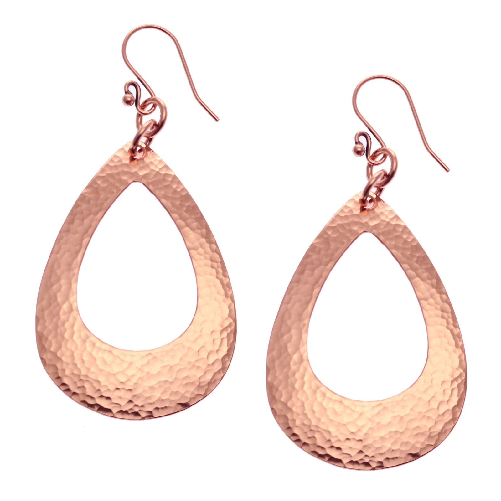 A Pair of Large Hammered Copper Open Teardrop Earrings on a White Background