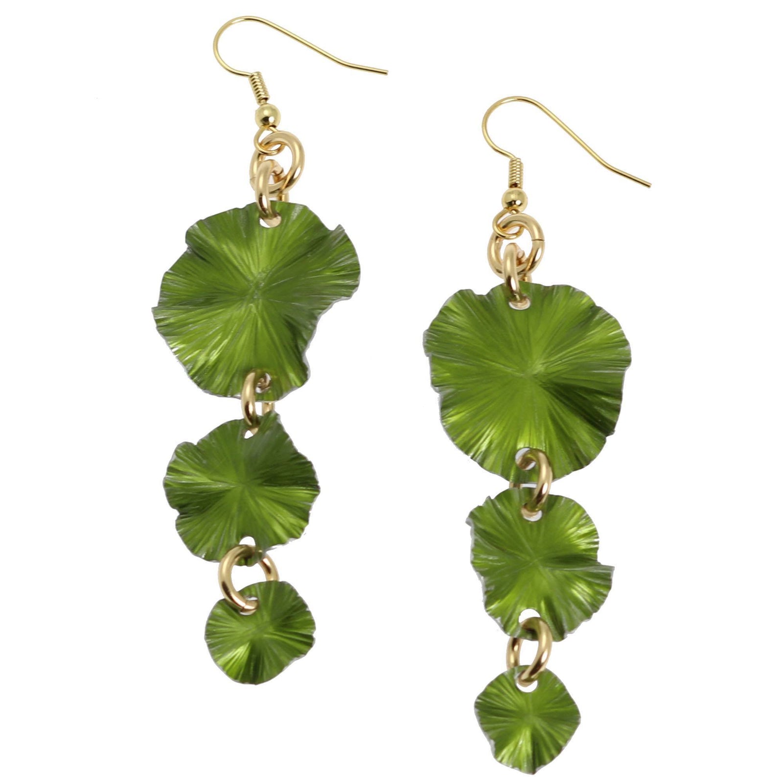 A Pair of Lime Chandelier Aluminum Lily Pad Earrings on a White Background