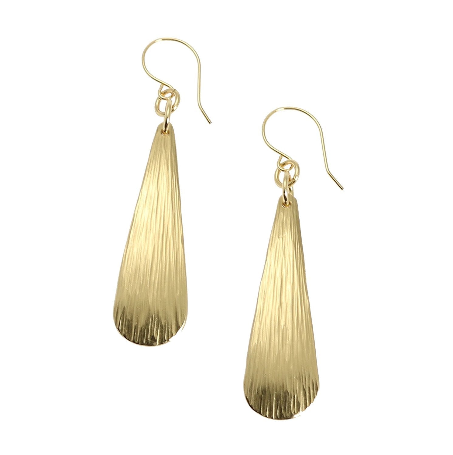 A Pair of Long Chased Nu Gold Brass Teardrop Earrings on a White Background