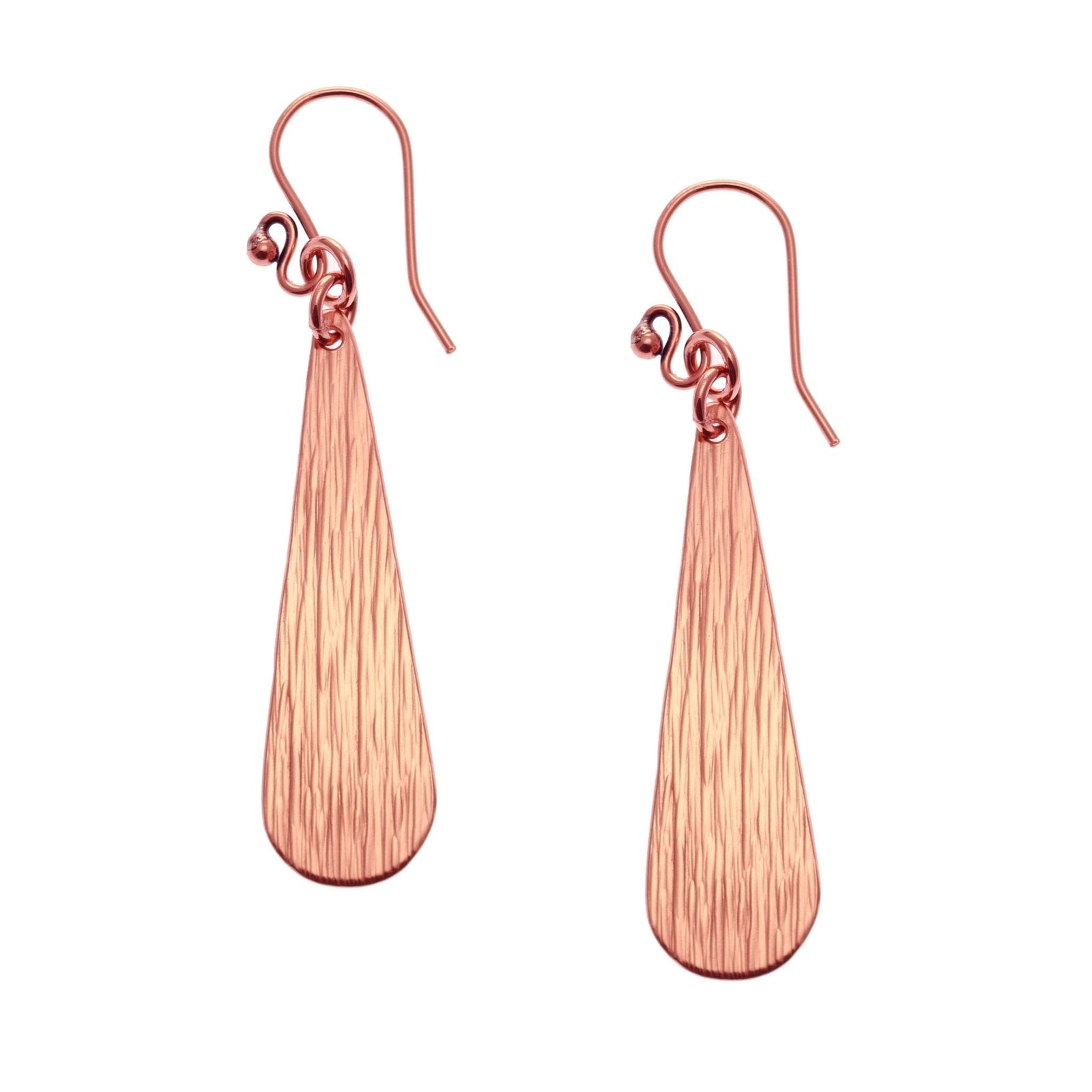 A Pair of Long Teardrop Copper Bark Earrings on a White Background