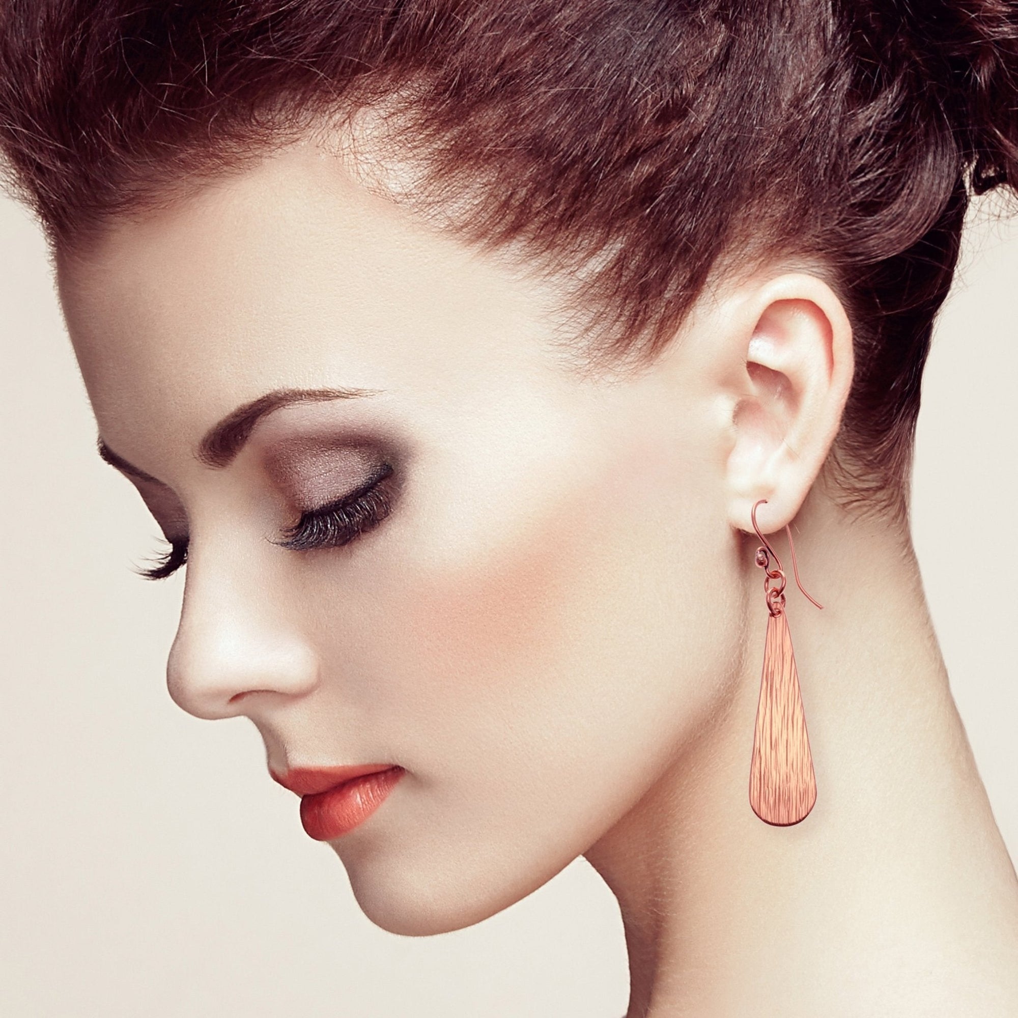 Long Teardrop Copper Bark Earrings on Female Model
