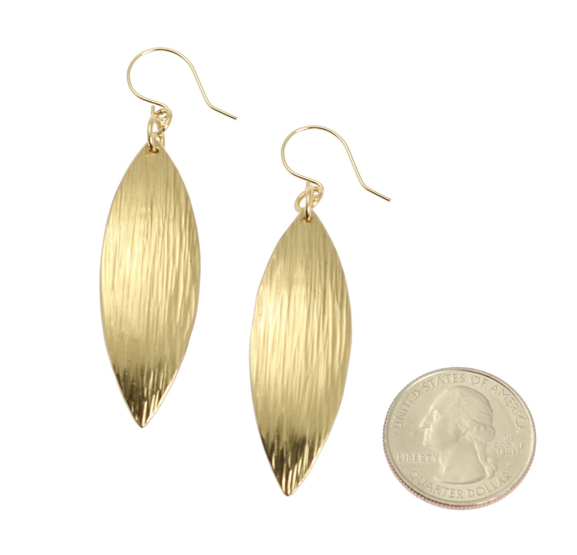 Size of Medium Chased Nu Gold Brass Leaf Earrings