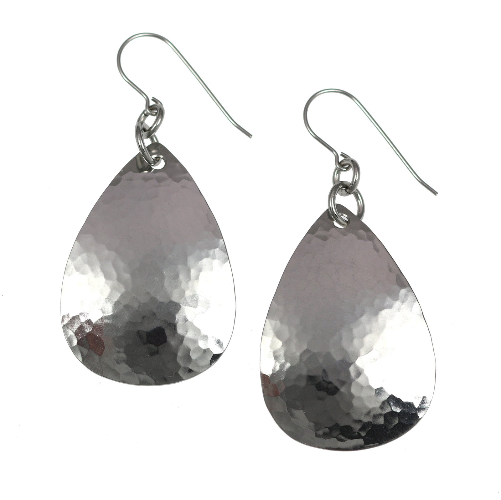 A Pair of Medium Hammered Stainless Steel Teardrop Earrings on a White Background