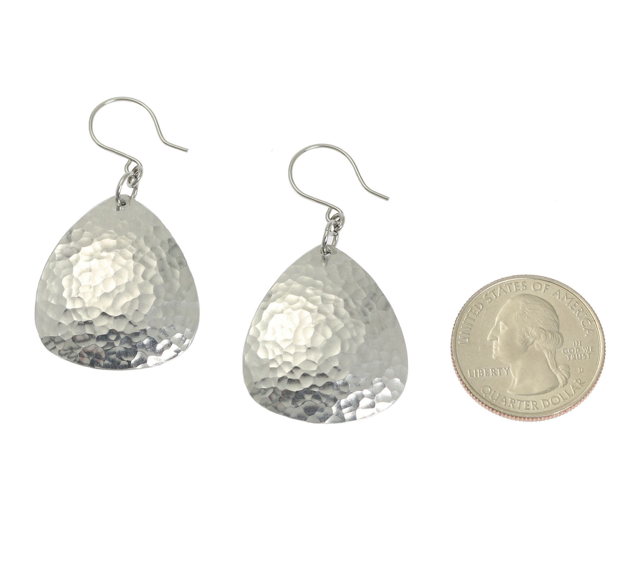 2 of 3: Size of Hammered Triangular Aluminum Drop Earrings compared to a US Quarter Coin