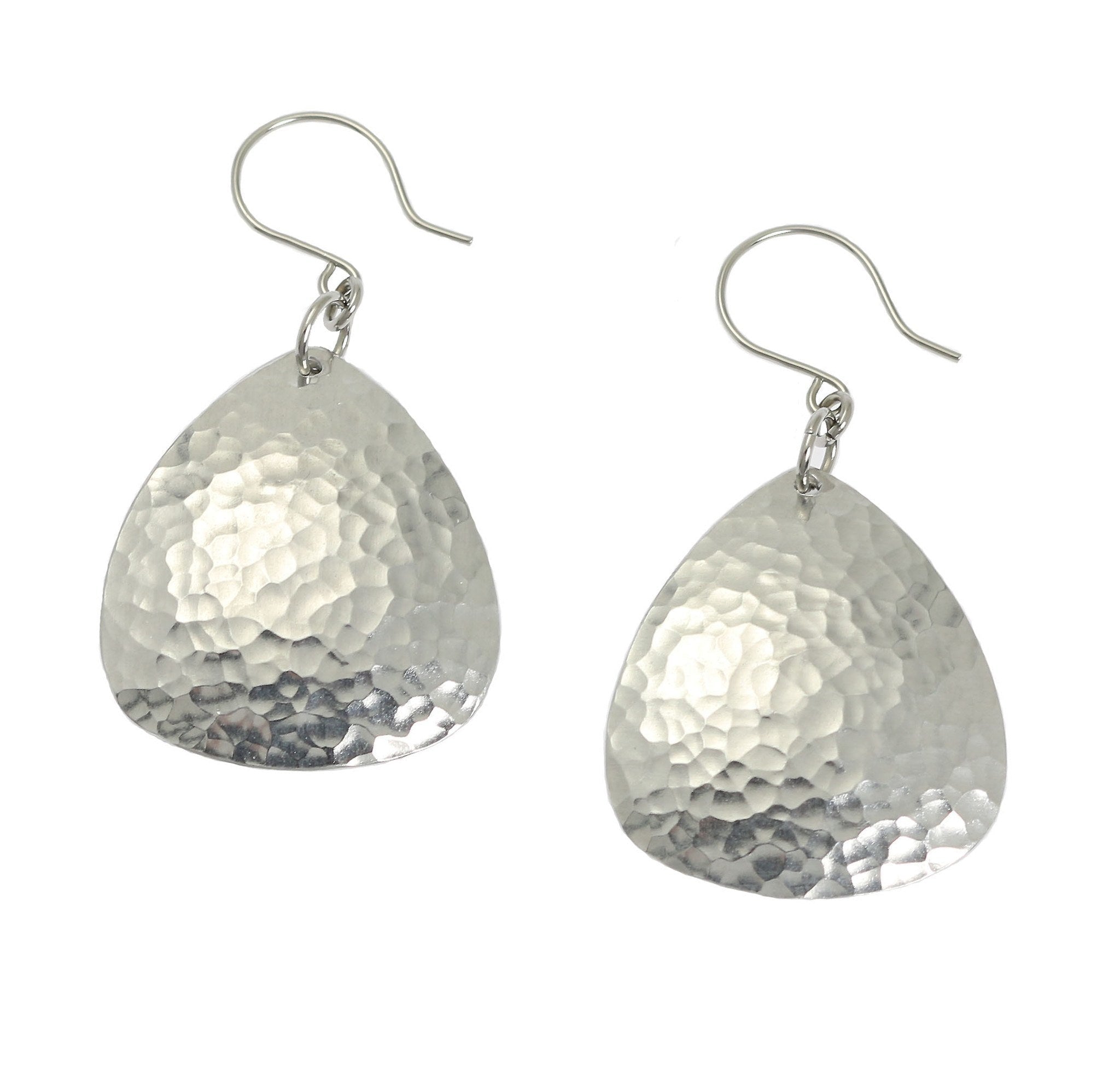 1 of 3: A Pair of Hammered Triangular Aluminum Drop Earrings on a White Background