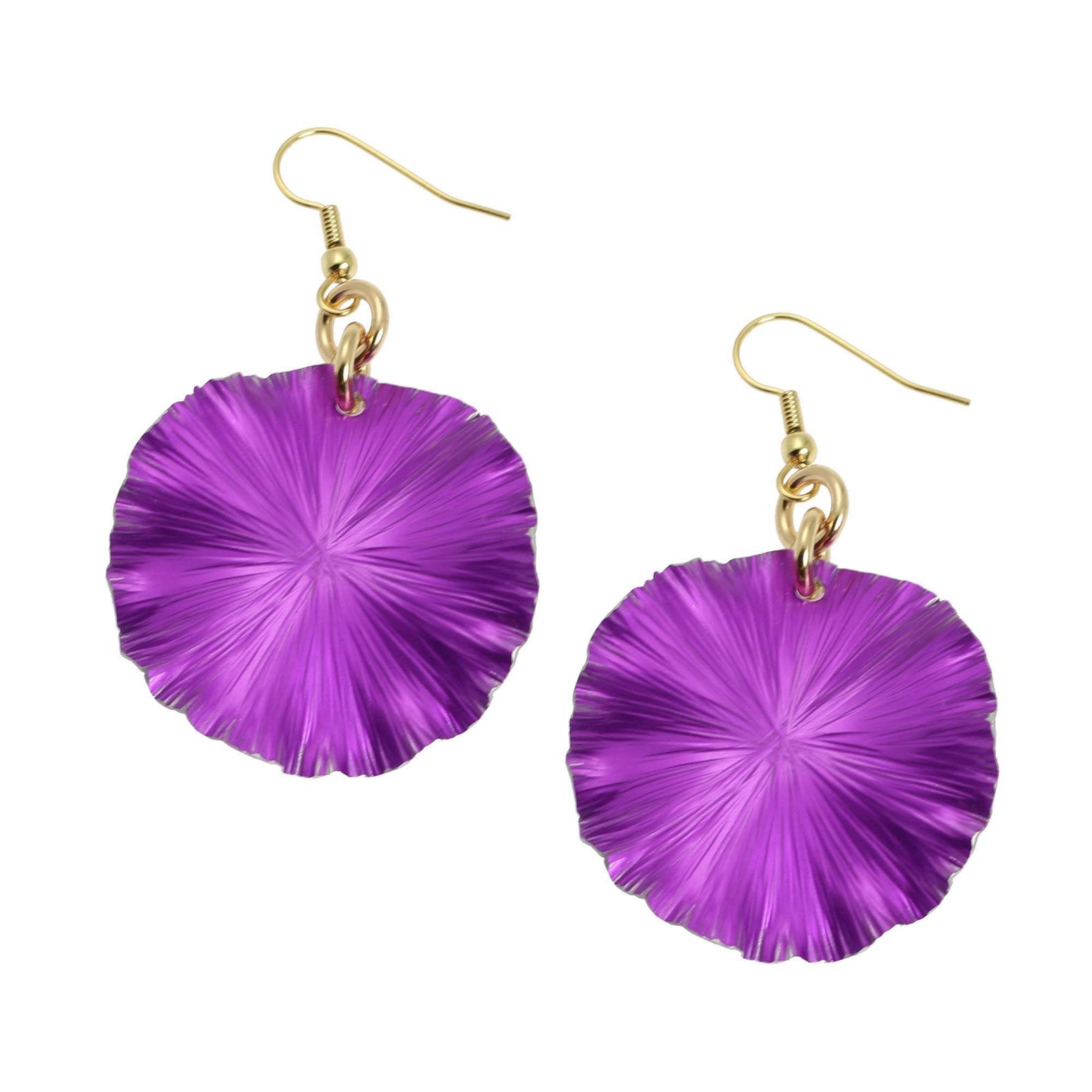 A Pair of Violet Anodized Aluminum Lily Pad Earrings on a White Background