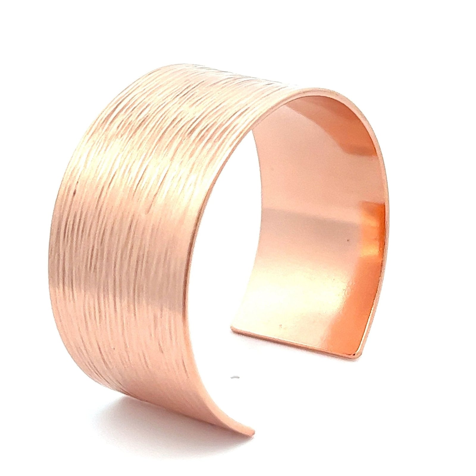 A 1 Inch Wide Men's Bark Copper Cuff Bracelet on a White Background