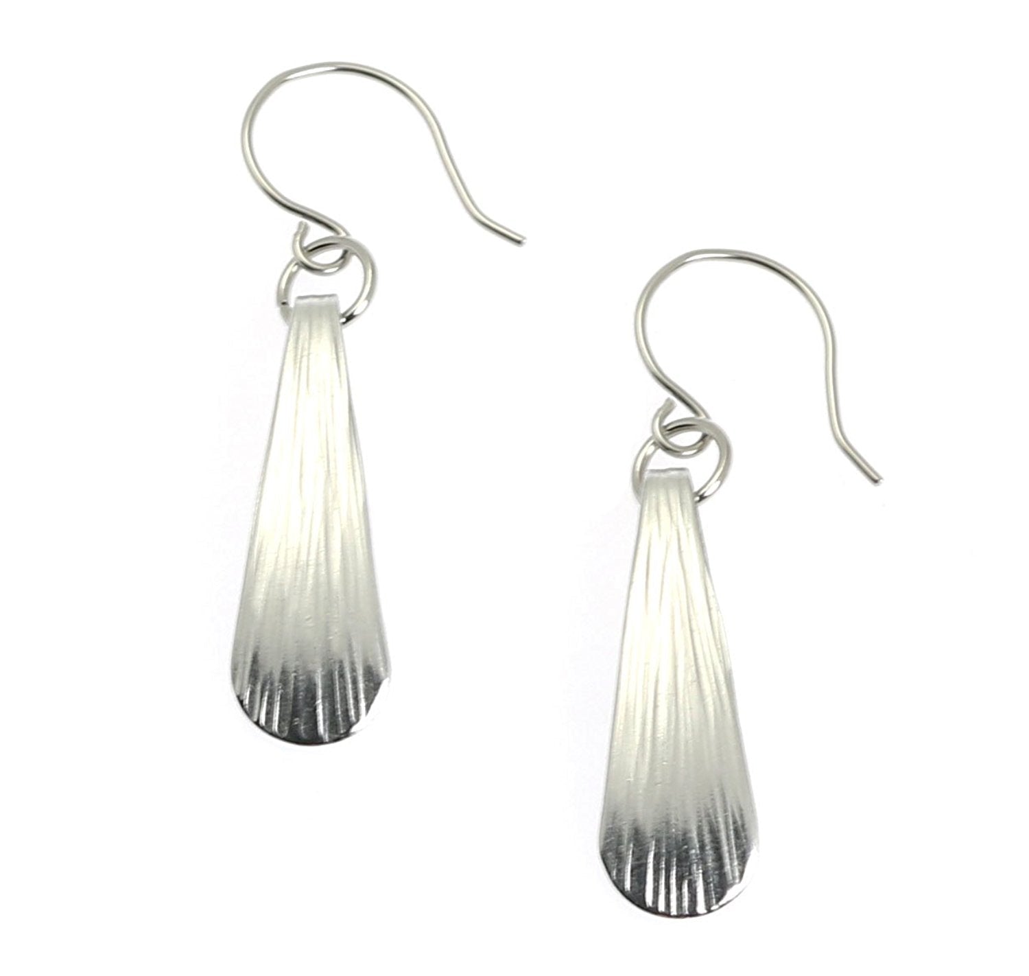 A Pair of Mini Chased Aluminum Drop Earrings on a White Background