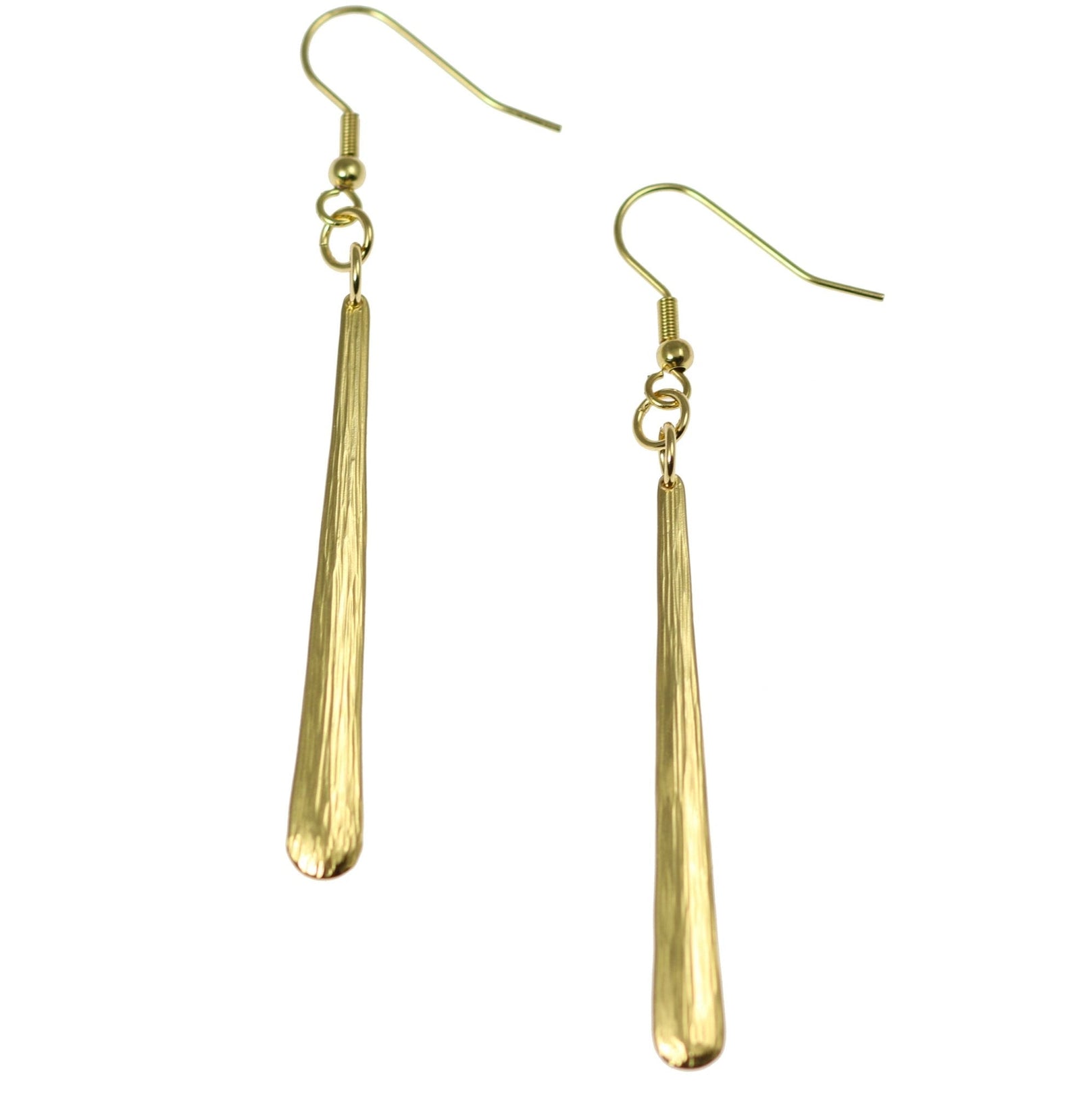 A Pair of Mini Chased Nu Gold Brass Drop Earrings on a White Background