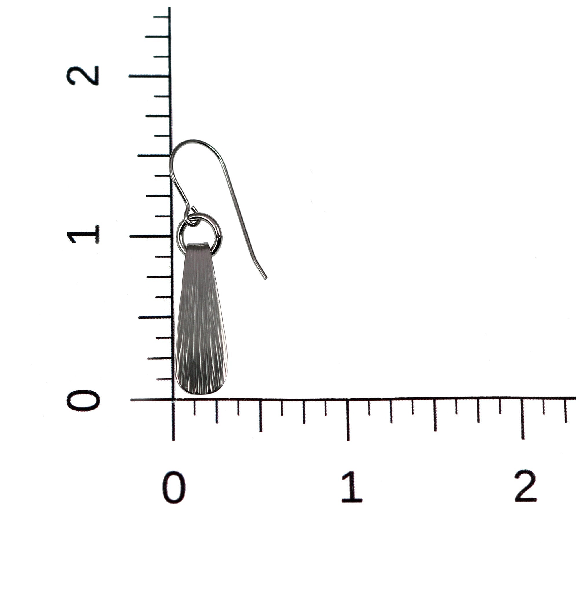 4 of 5: Scale of Mini Chased Stainless Steel Drop Earrings on a Ruler for Size Dimensions
