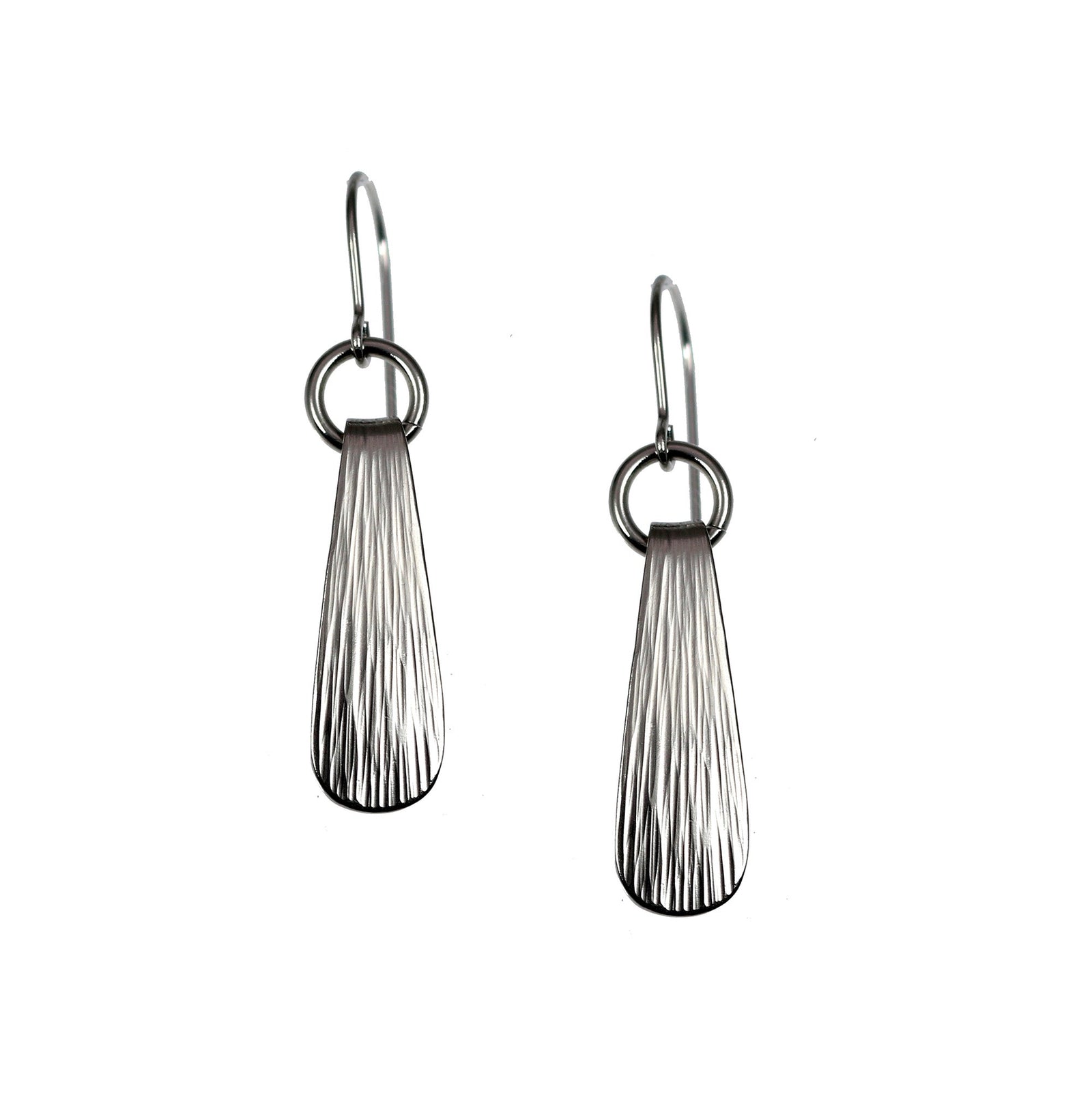 A Pair of Mini Chased Stainless Steel Drop Earrings on a White Background
