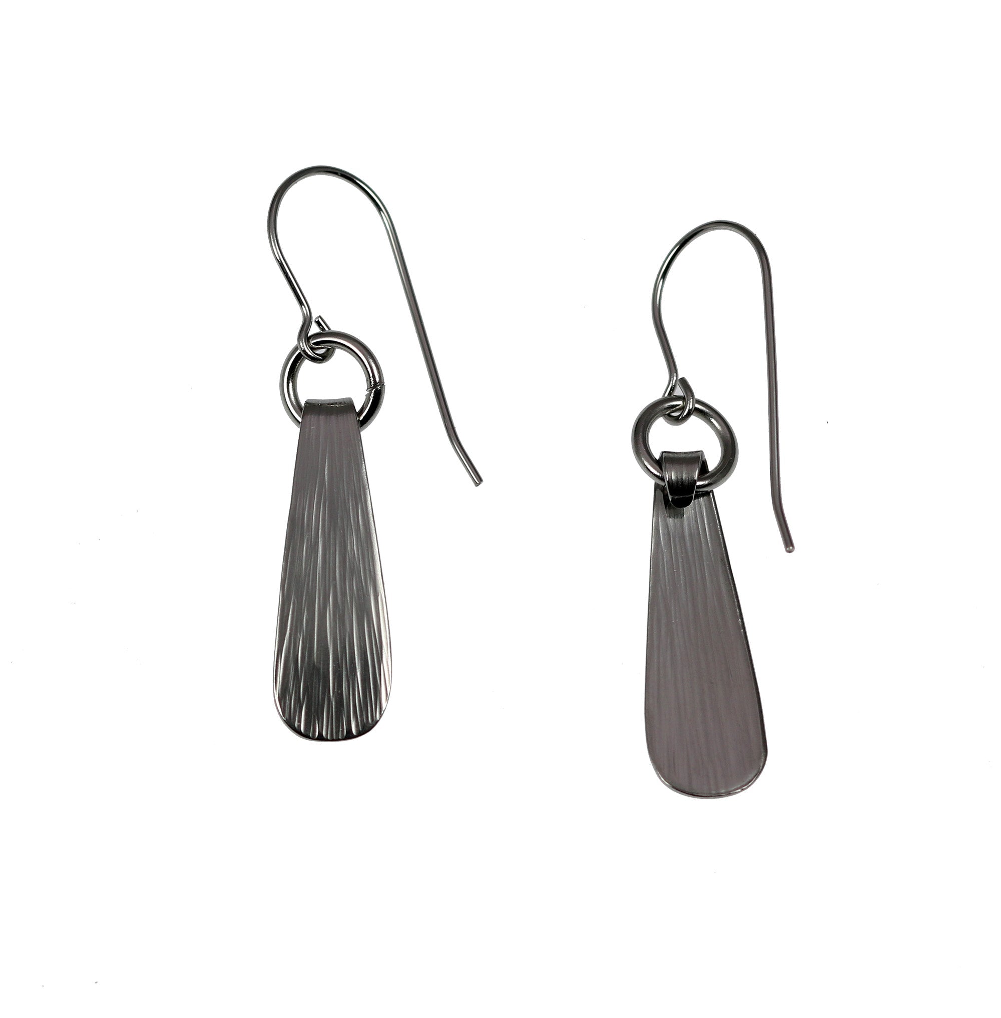 3 of 5: Detail View Mini Chased Stainless Steel Drop Earrings